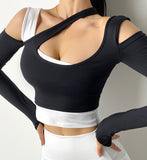 Fake Two-Piece Long Sleeve Running Crop Top Black