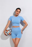 Woman Wearing Trendy Seamless Yoga Fitness Set Blue