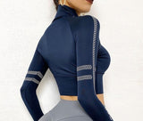 Half Zipper Reflective Gym Crop Top Blue Back View