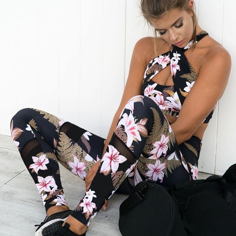 YUP-HU Yoga Set Gym Set Women Floral Print Yoga Fitness Suit