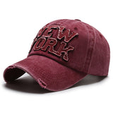 New York Washed Distressed Cotton Baseball Cap Wine Red