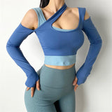 Fake Two-Piece Long Sleeve Running Crop Top Blue