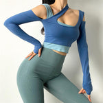 Fake Two-Piece Long Sleeve Running Crop Top Blue