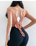 Backless Knot Tie Yoga Top Sport Shirt Pink