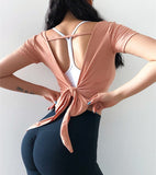 Backless Knot Tie Yoga Top Sport Shirt Pink Back View