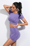 Woman Wearing Trendy Seamless Yoga Fitness Set Purple