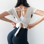 Backless Knot Tie Yoga Top Sport Shirt White