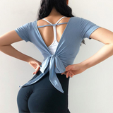 Backless Knot Tie Yoga Top Sport Shirt Blue